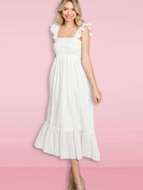 Smocked Ruffle-Strap White Midi Dress